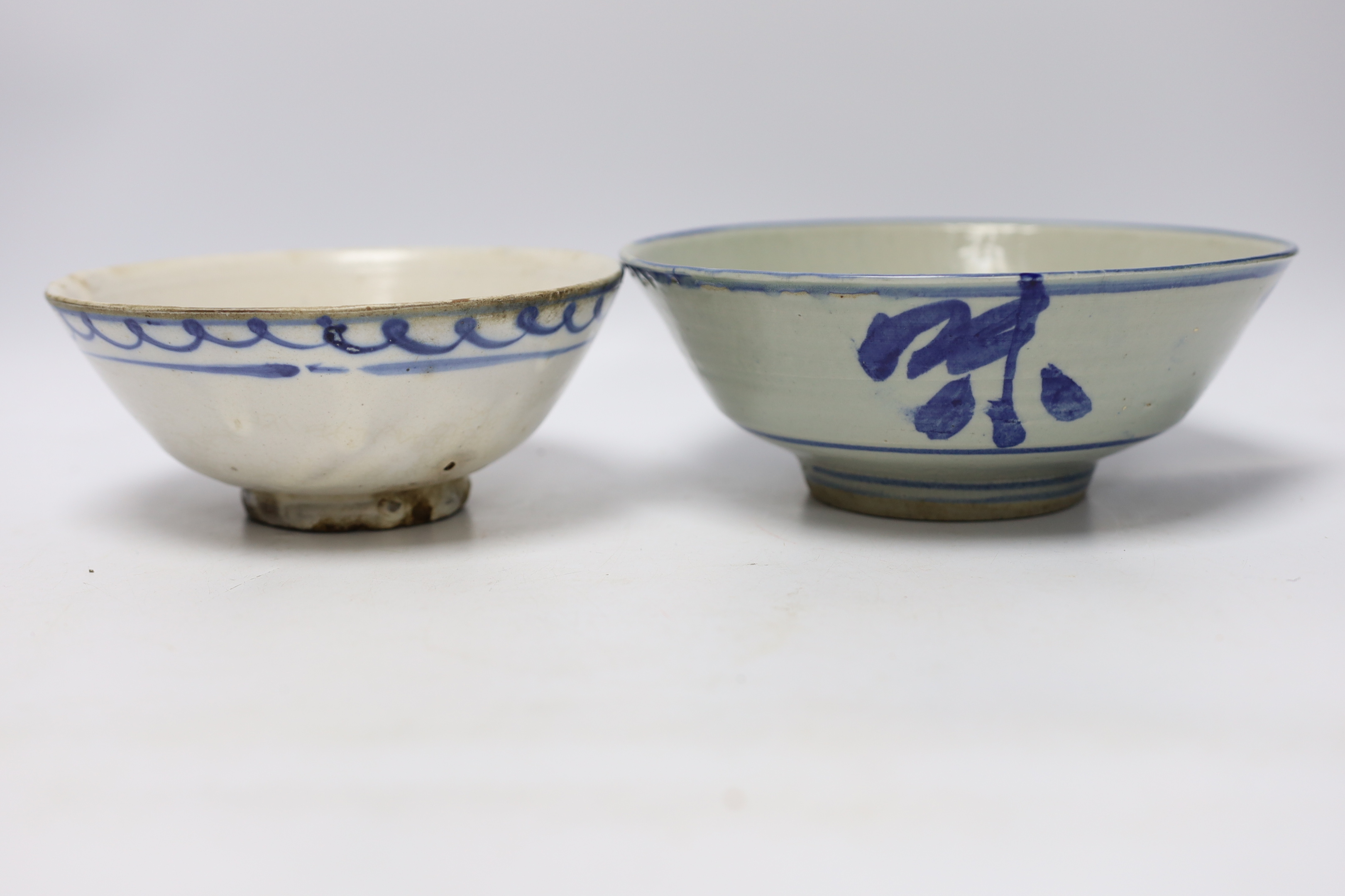 Three Chinese bowls including two blue and white examples, together with a ge ware type square dish, largest 20cm in diameter